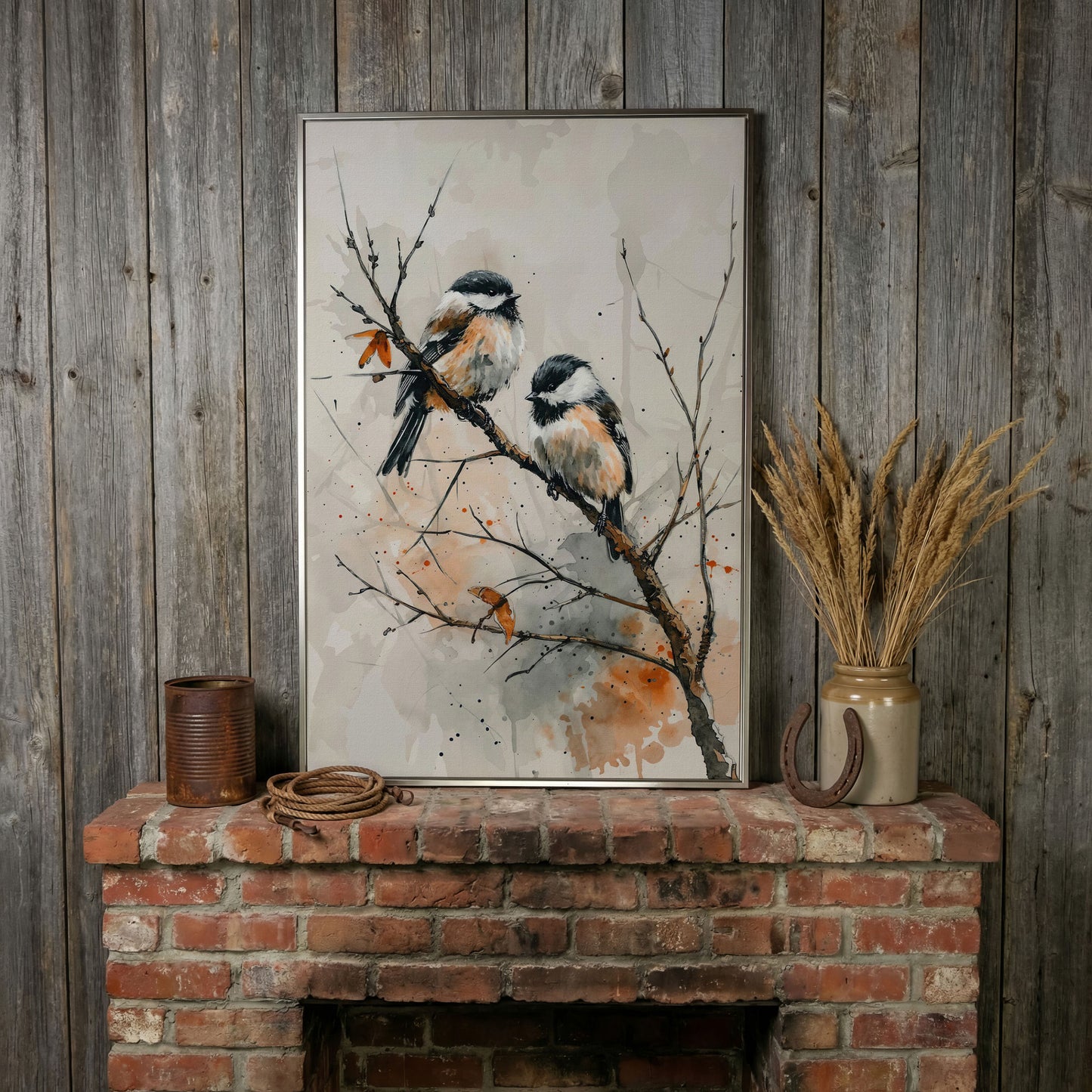Chickadees on Branch Canvas Print in silver floating frame