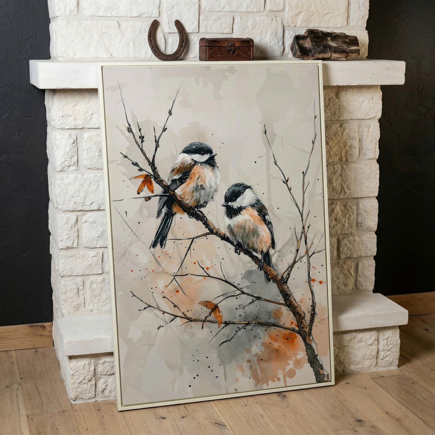Chickadees on Branch Canvas Print in white floating frame