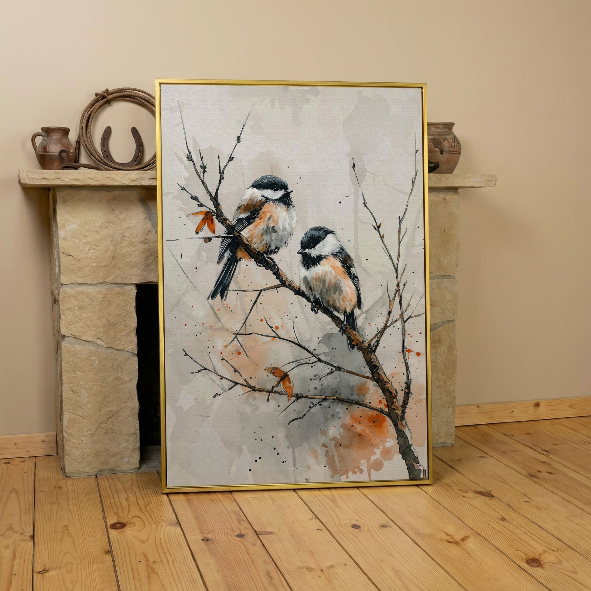 Chickadees on Branch Canvas Print in yellow gold floating frame
