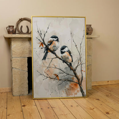 Chickadees on Branch Canvas Print in yellow gold floating frame