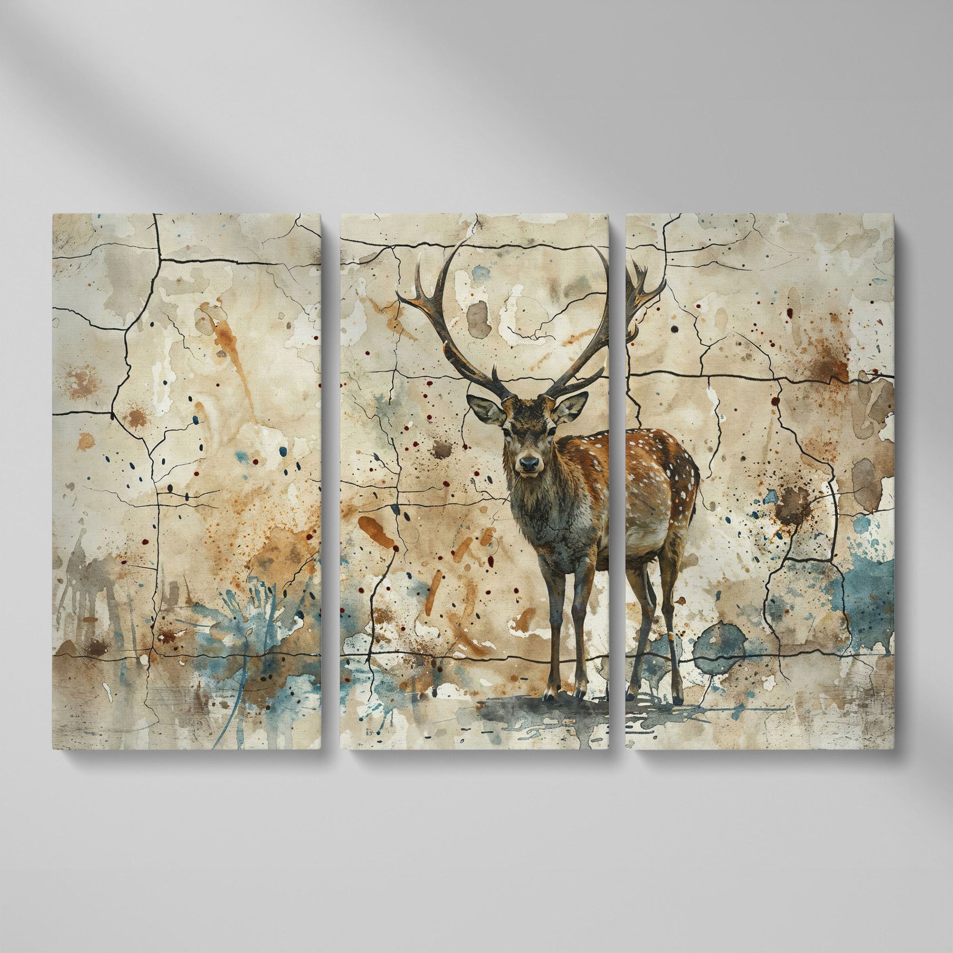 Bold Stag Canvas Art with Cracked Texture Background as 3-panel split version