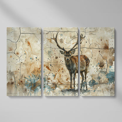 Bold Stag Canvas Art with Cracked Texture Background as 3-panel split version