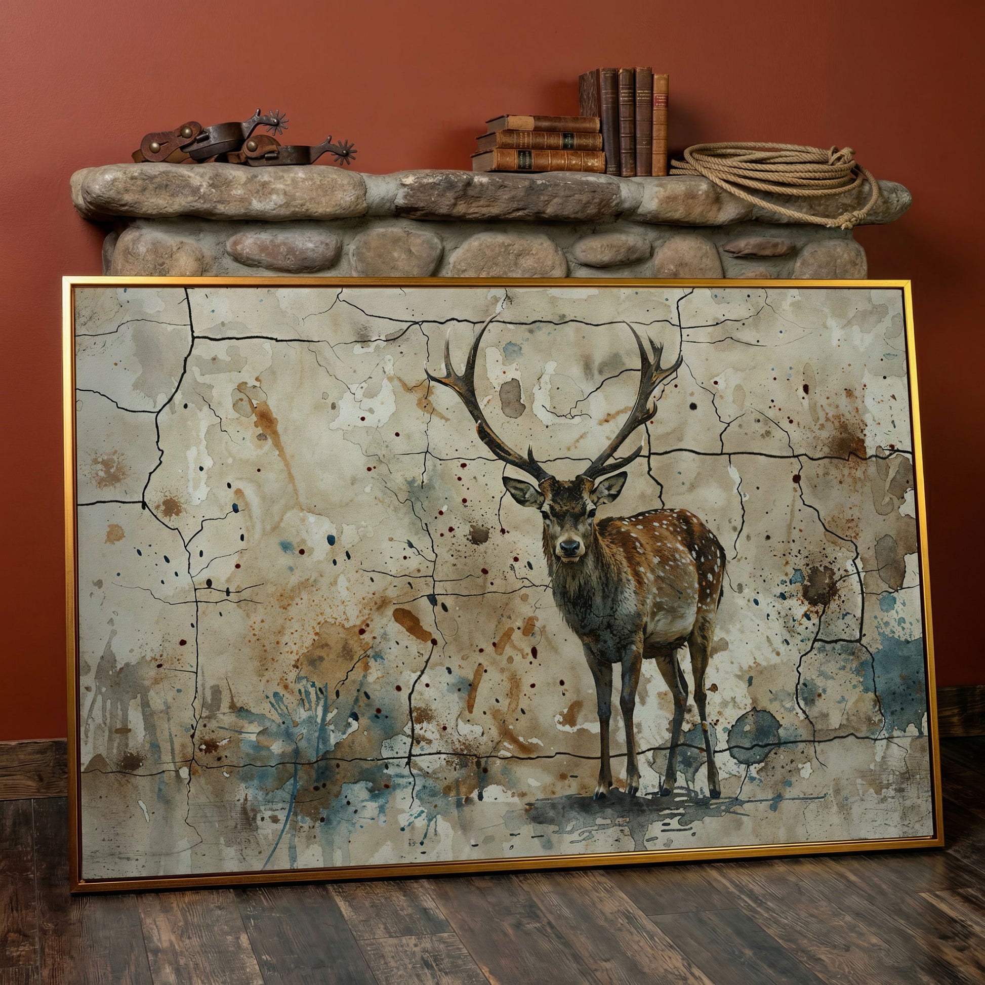 Bold Stag Canvas Art with Cracked Texture Background in antique gold floating frame