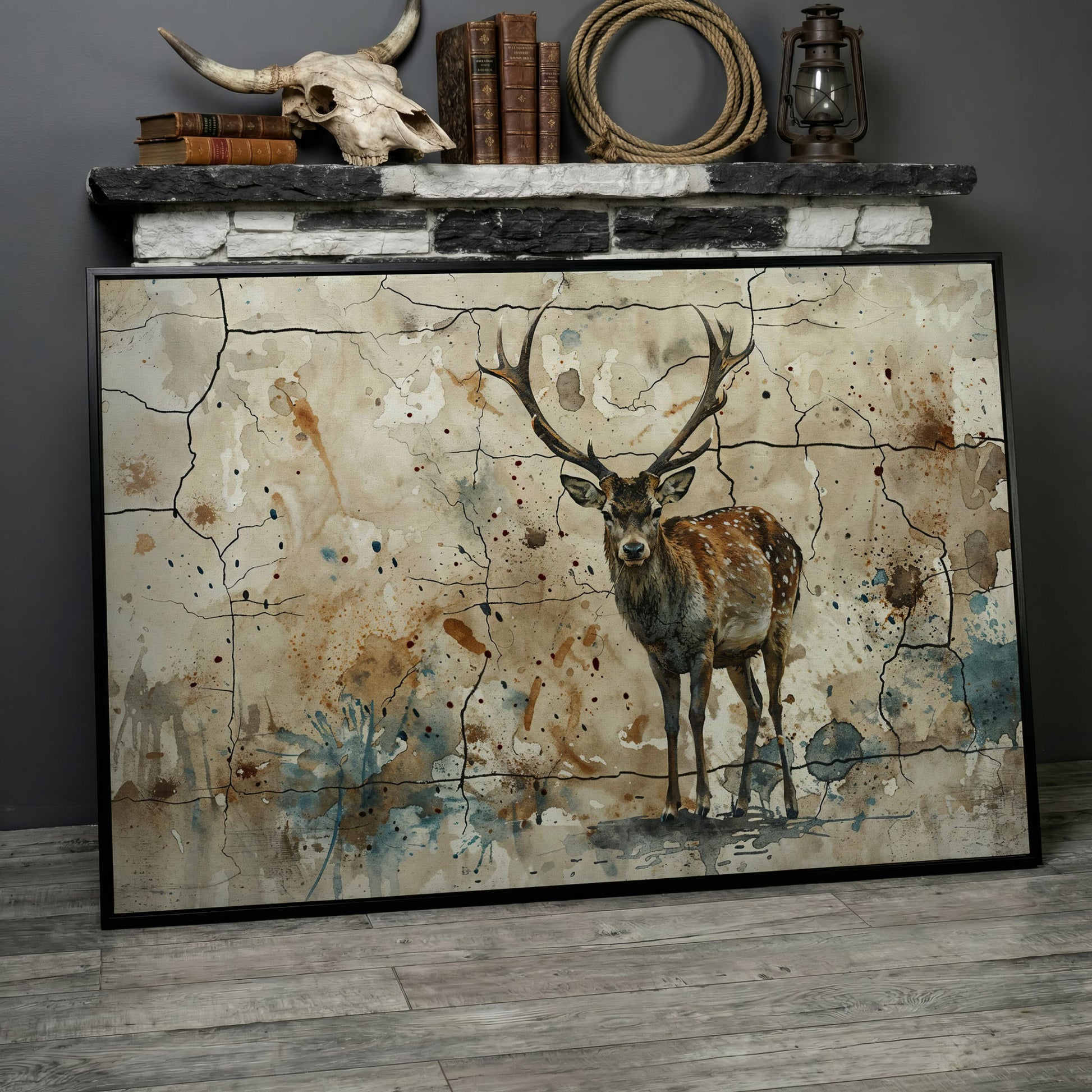 Bold Stag Canvas Art with Cracked Texture Background in black floating frame
