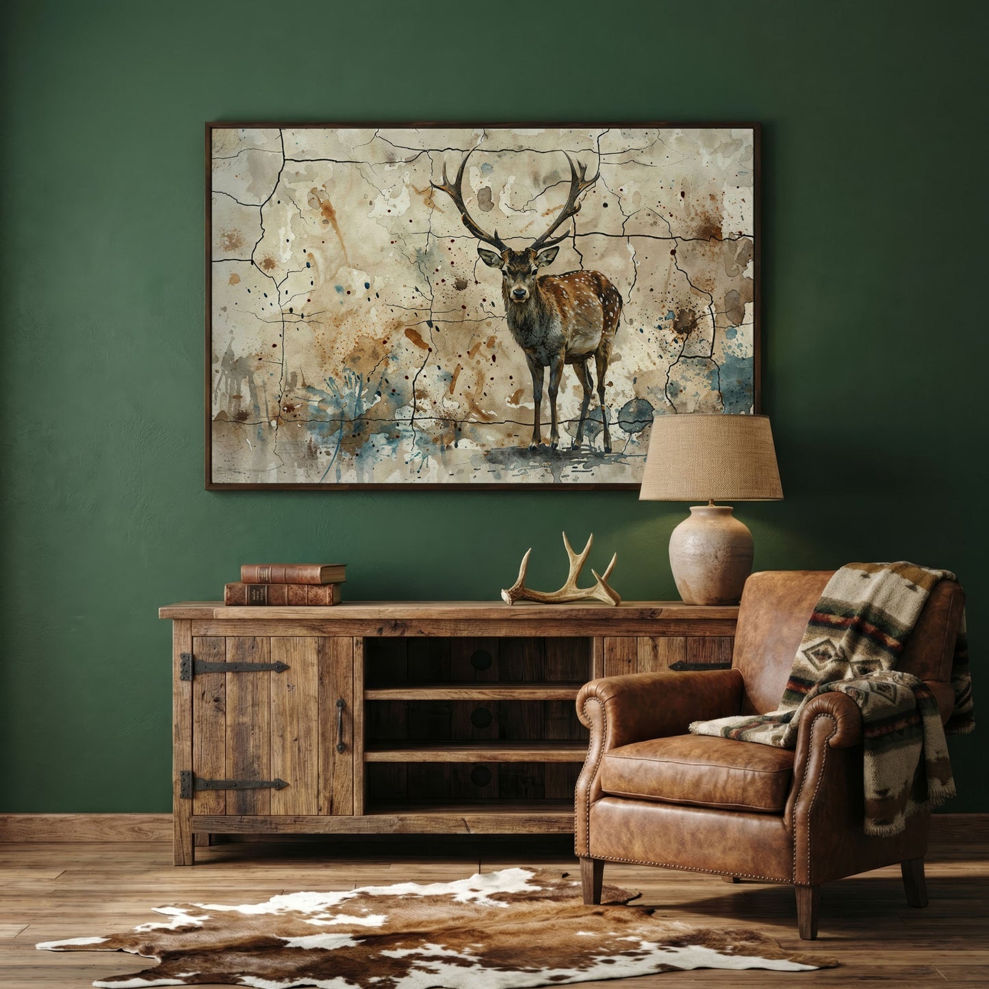 Bold Stag Canvas Art with Cracked Texture Background in dark walnut floating frame