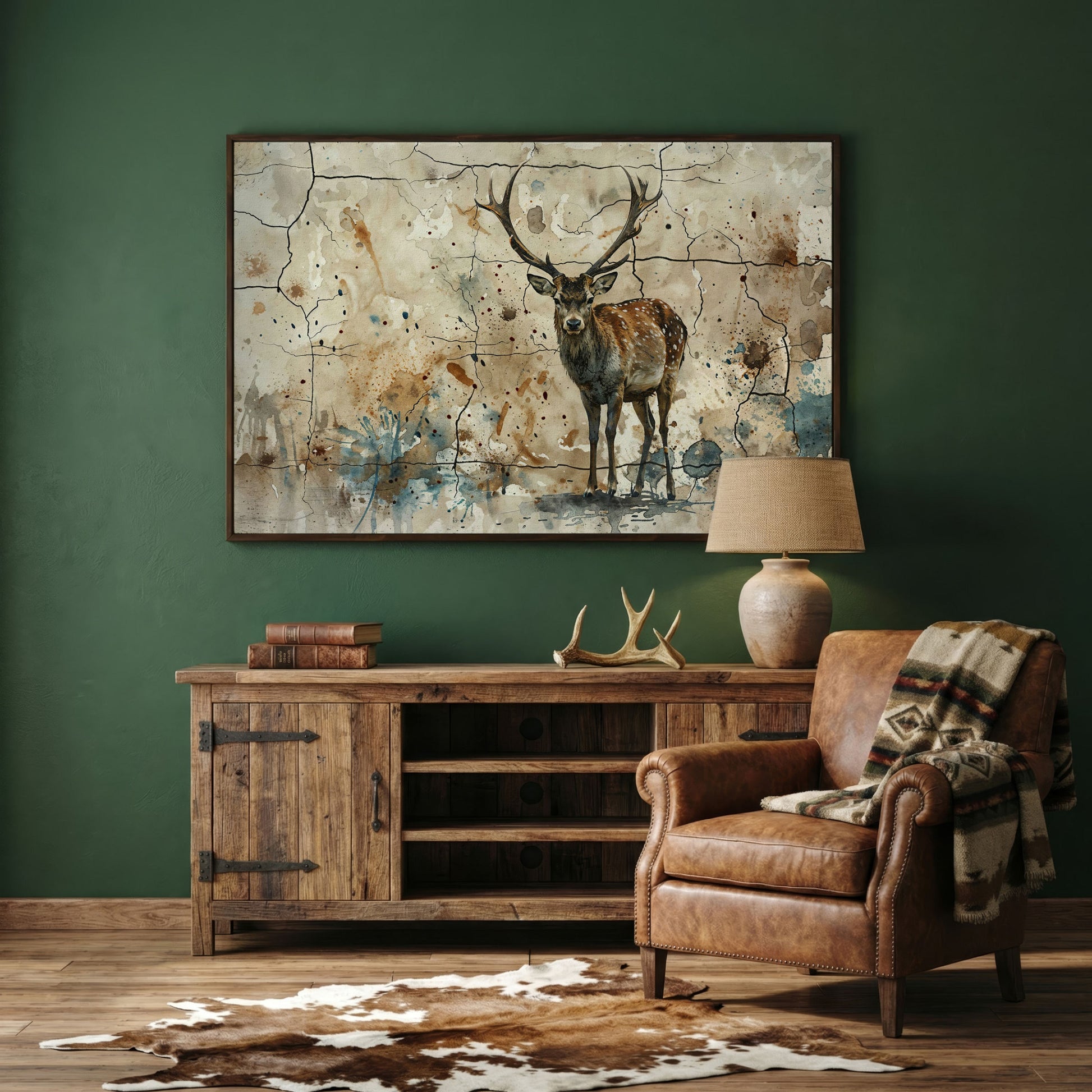 Bold Stag Canvas Art with Cracked Texture Background in dark walnut floating frame