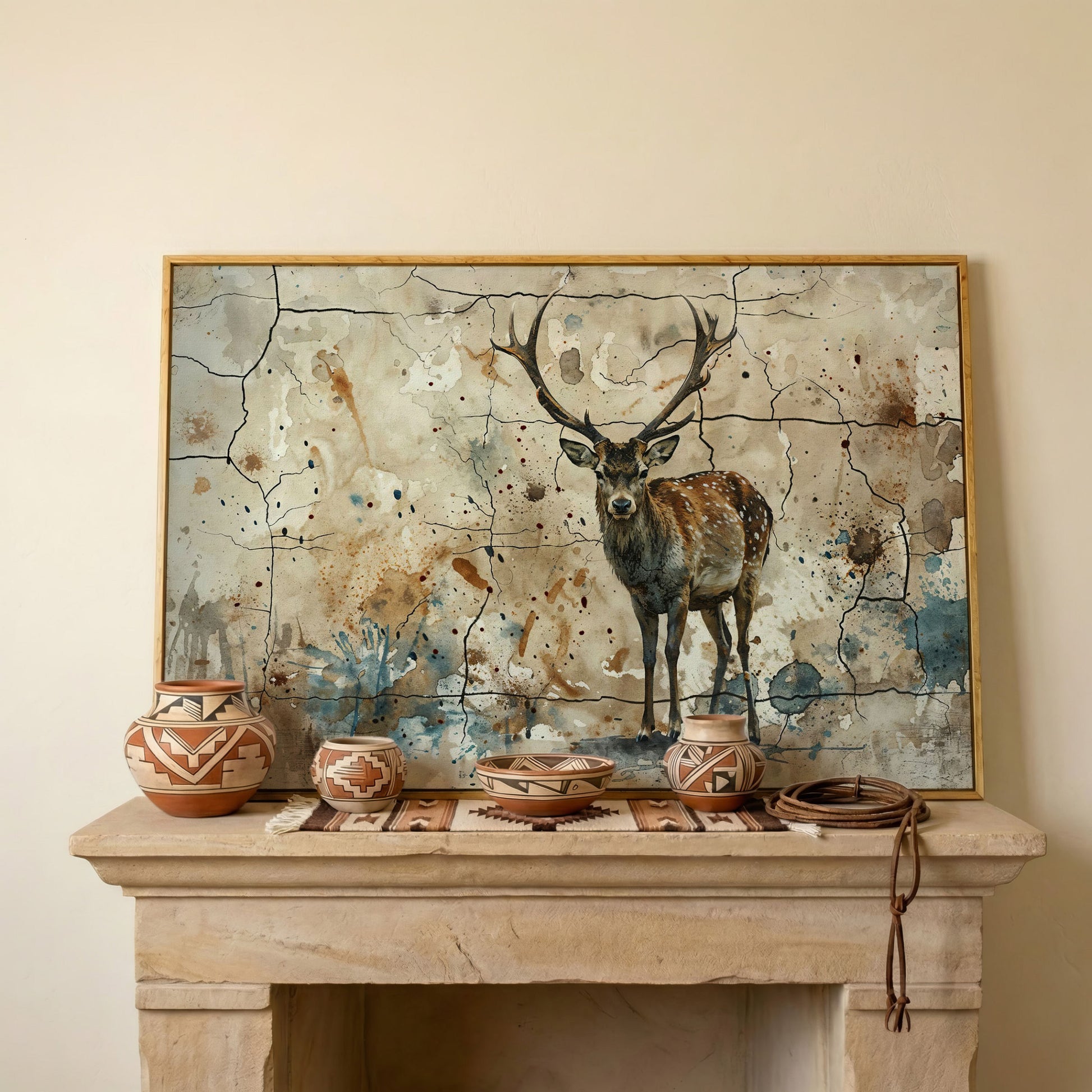 Bold Stag Canvas Art with Cracked Texture Background in white oak floating frame