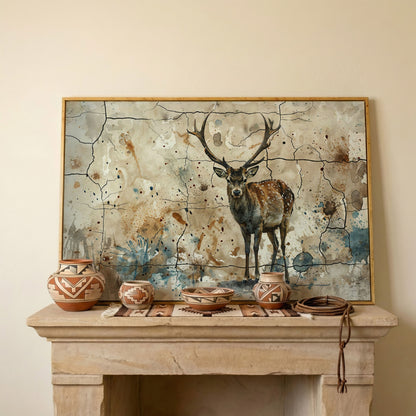 Bold Stag Canvas Art with Cracked Texture Background in white oak floating frame