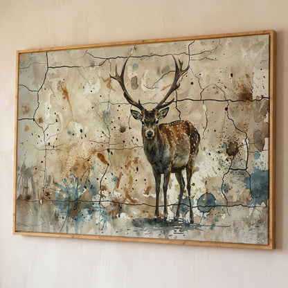 Bold Stag Canvas Art with Cracked Texture Background shown in white oak floating frame