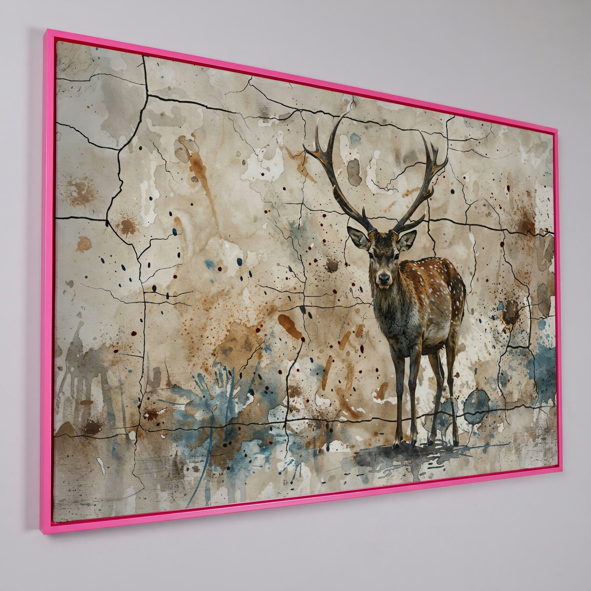 Bold Stag Canvas Art with Cracked Texture Background in pink floating frame