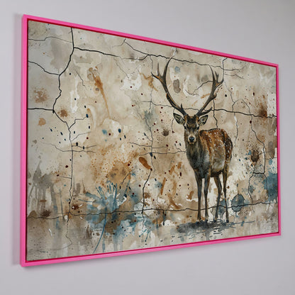 Bold Stag Canvas Art with Cracked Texture Background in pink floating frame