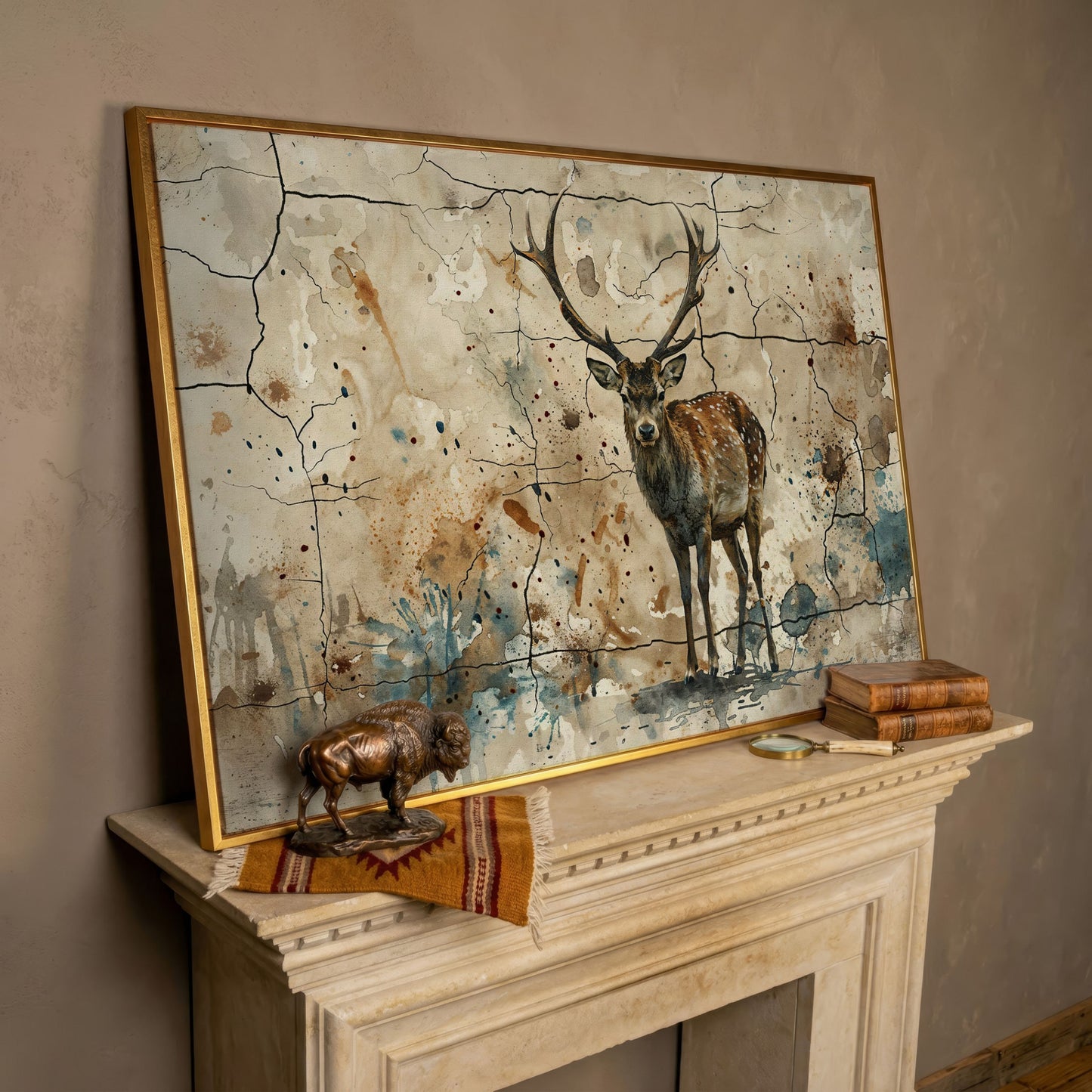 Bold Stag Canvas Art with Cracked Texture Background in rose gold floating frame