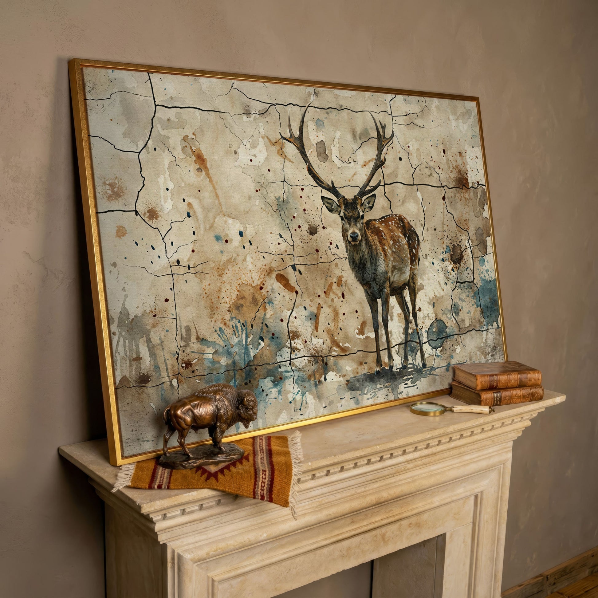 Bold Stag Canvas Art with Cracked Texture Background in rose gold floating frame