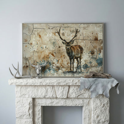 Bold Stag Canvas Art with Cracked Texture Background in silver floating frame