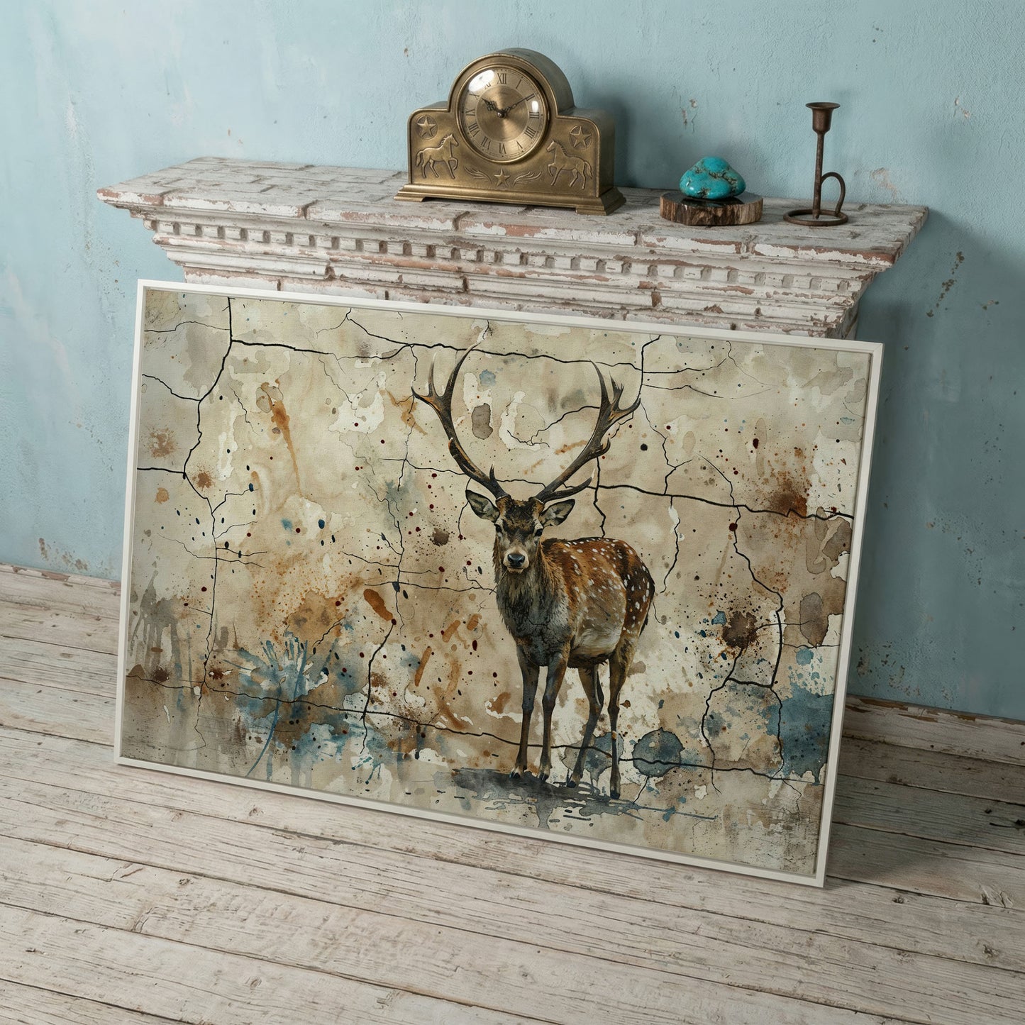 Bold Stag Canvas Art with Cracked Texture Background in white floating frame