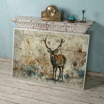 Bold Stag Canvas Art with Cracked Texture Background in white floating frame