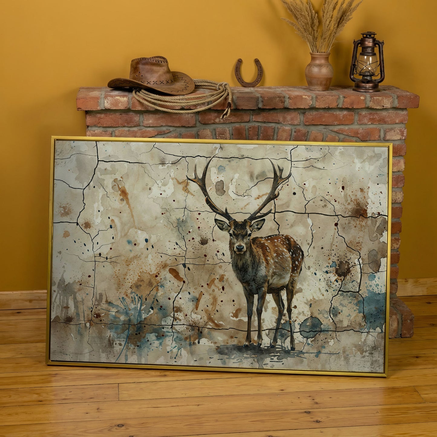 Bold Stag Canvas Art with Cracked Texture Background in yellow gold floating frame