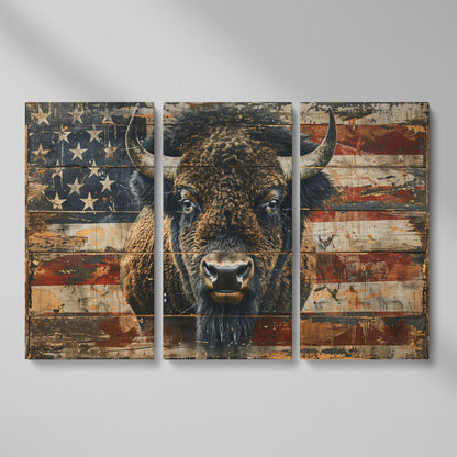 American Bison with Vintage Flag Canvas as 3-panel split version