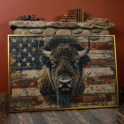 American Bison with Vintage Flag Canvas in antique gold floating frame