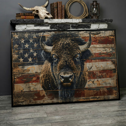 American Bison with Vintage Flag Canvas in black floating frame