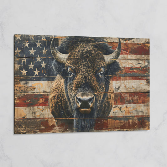 American Bison with Vintage Flag Canvas on gallery wrap