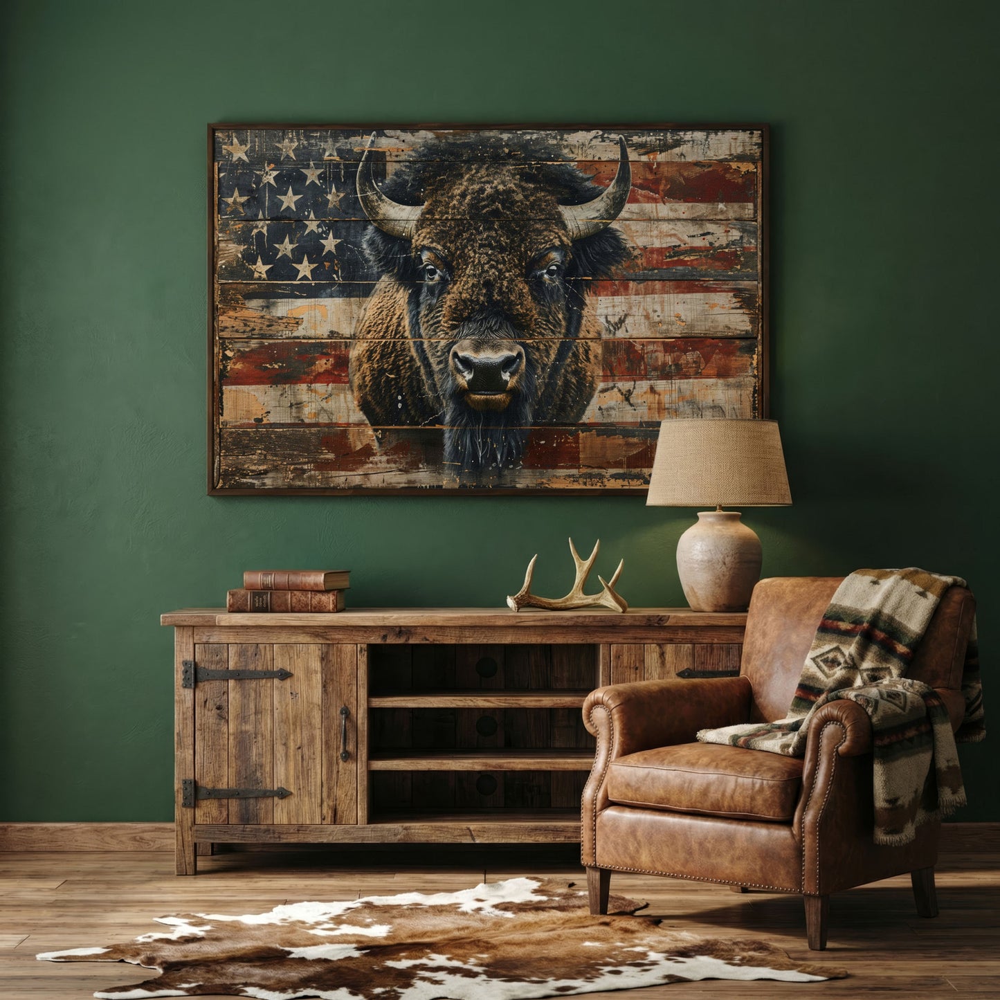American Bison with Vintage Flag Canvas in dark walnut floating frame
