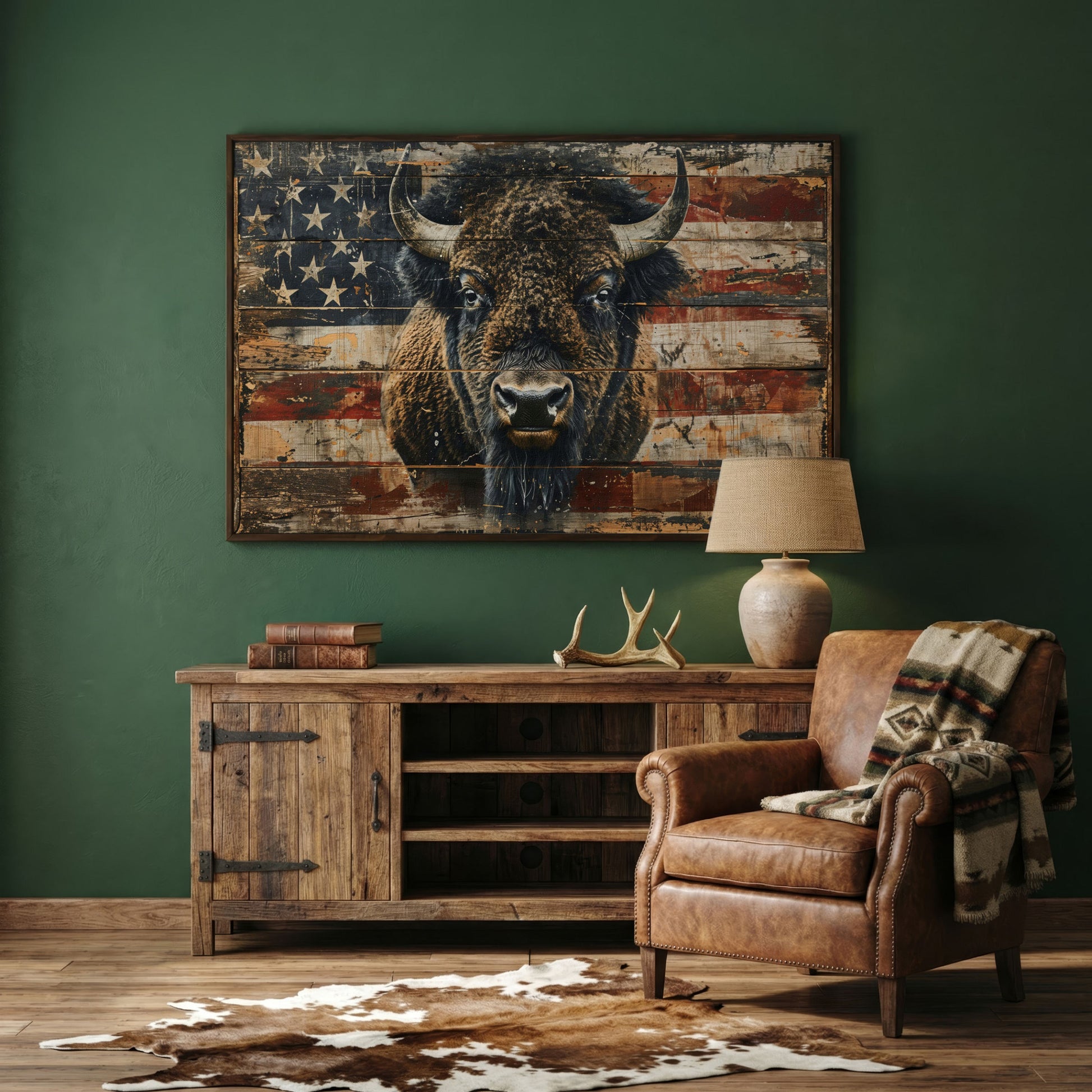 American Bison with Vintage Flag Canvas in dark walnut floating frame
