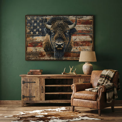 American Bison with Vintage Flag Canvas in dark walnut floating frame