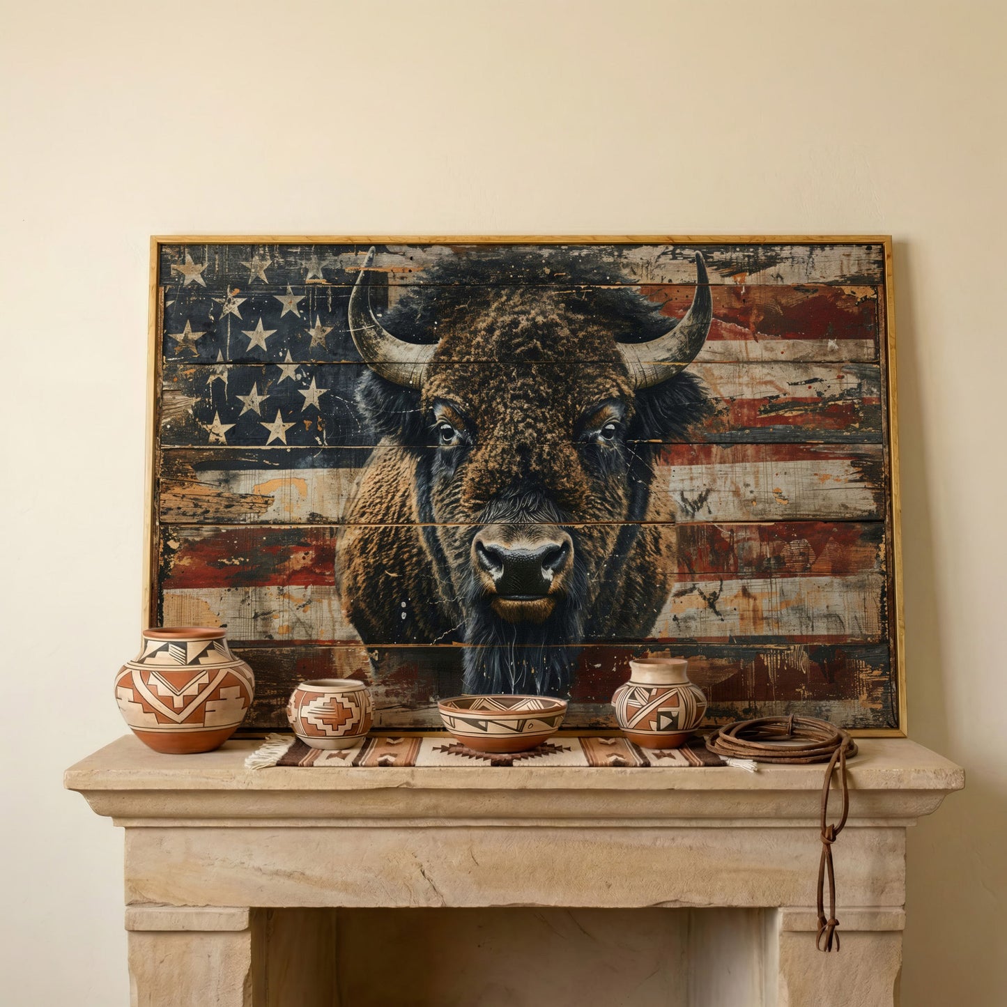 American Bison with Vintage Flag Canvas in white oak floating frame