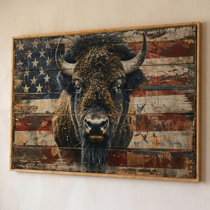 American Bison with Vintage Flag Canvas shown in white oak floating frame