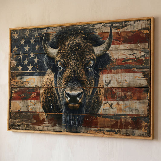 American Bison with Vintage Flag Canvas shown in white oak floating frame