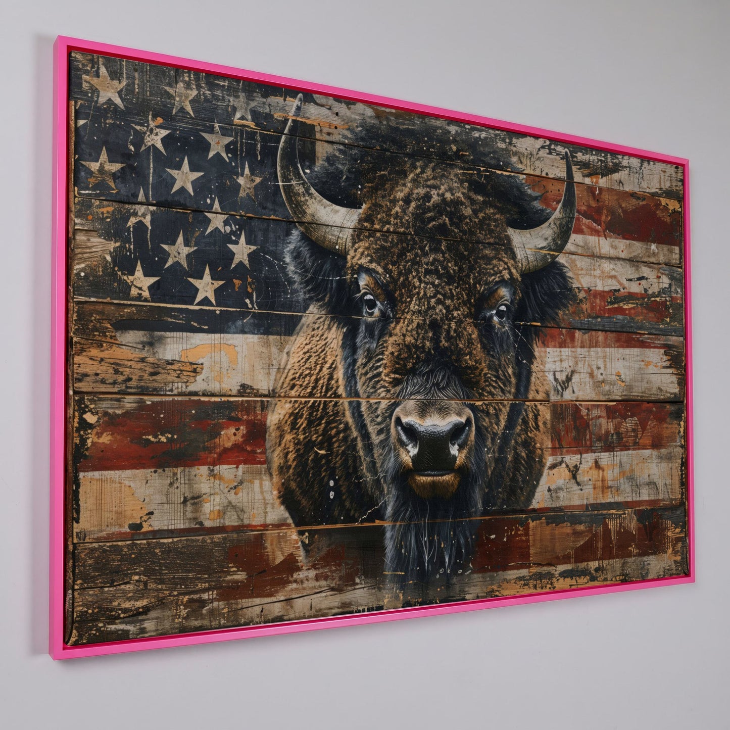 American Bison with Vintage Flag Canvas in pink floating frame