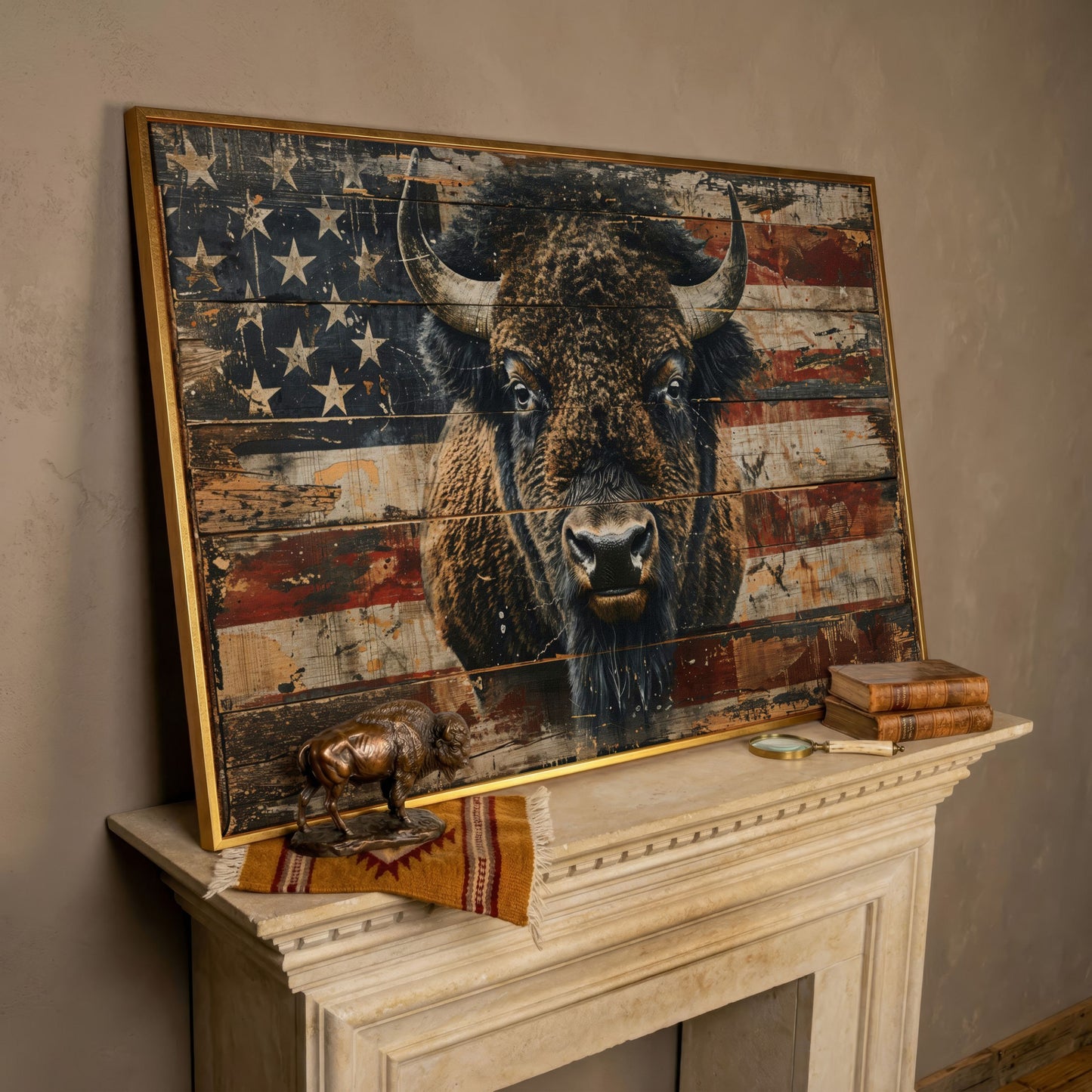 American Bison with Vintage Flag Canvas in rose gold floating frame