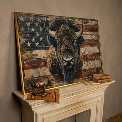 American Bison with Vintage Flag Canvas in rose gold floating frame