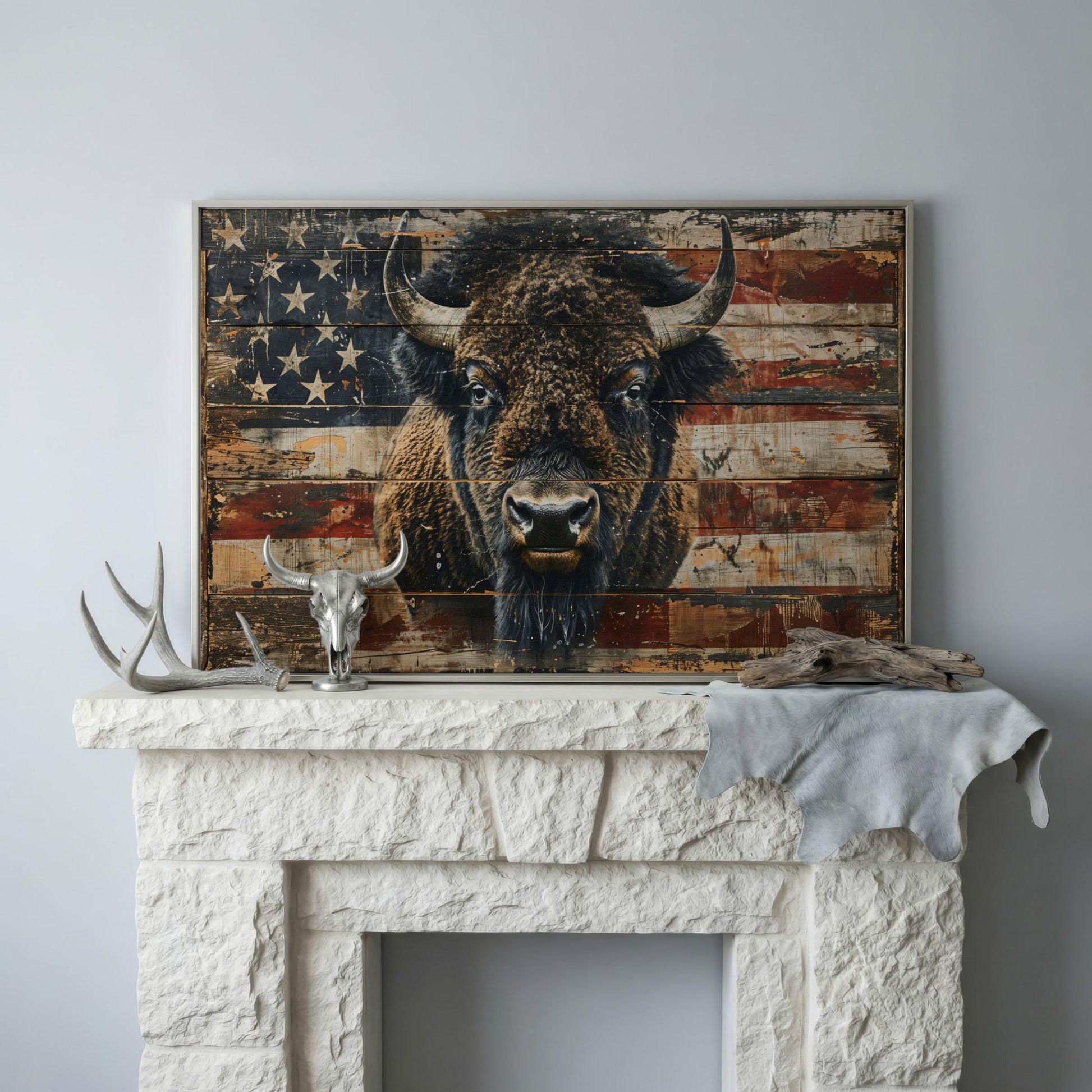 American Bison with Vintage Flag Canvas in silver floating frame