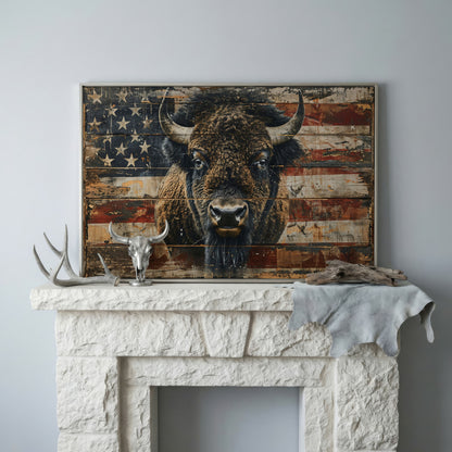 American Bison with Vintage Flag Canvas in silver floating frame