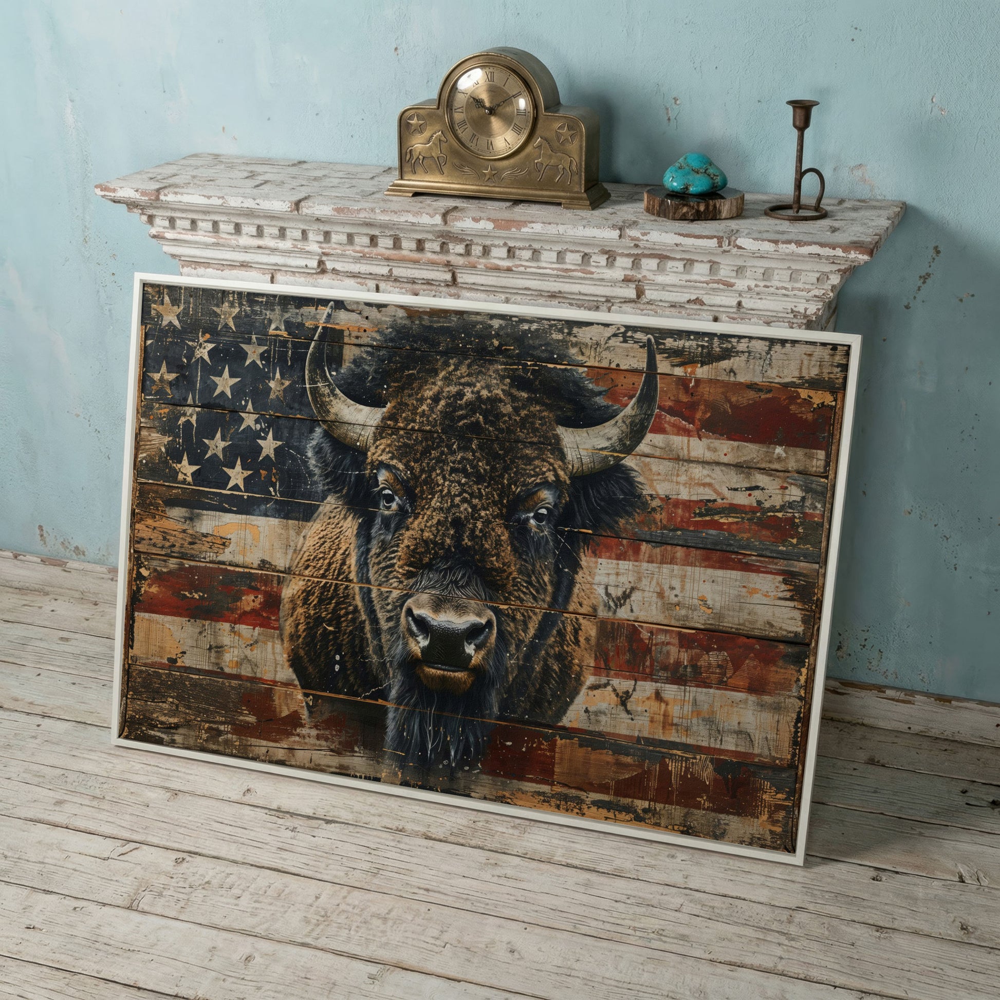 American Bison with Vintage Flag Canvas in white floating frame