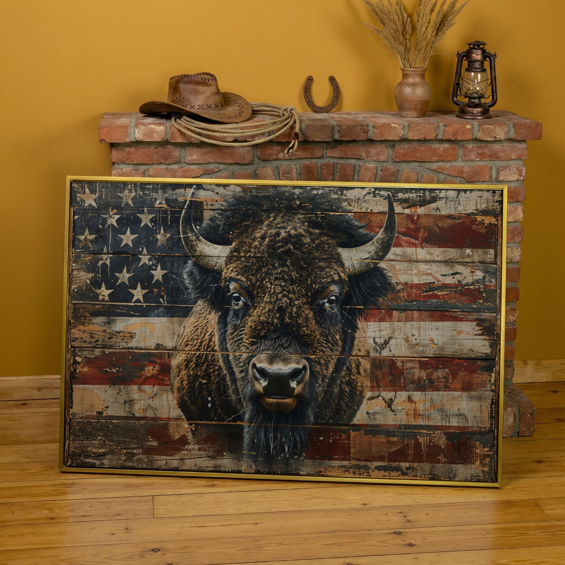 American Bison with Vintage Flag Canvas in yellow gold floating frame