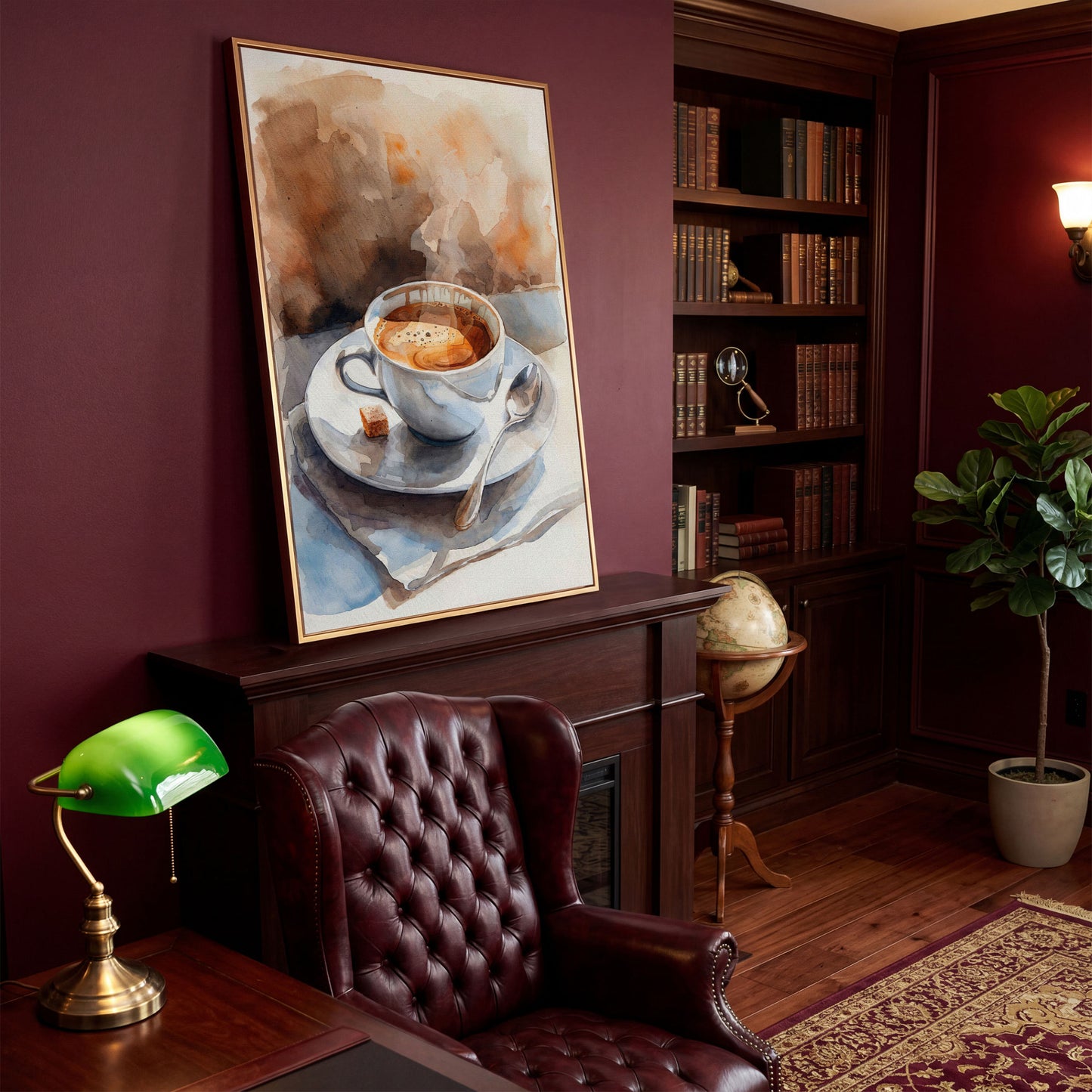 Morning Espresso Watercolor Canvas Print in antique gold floating frame