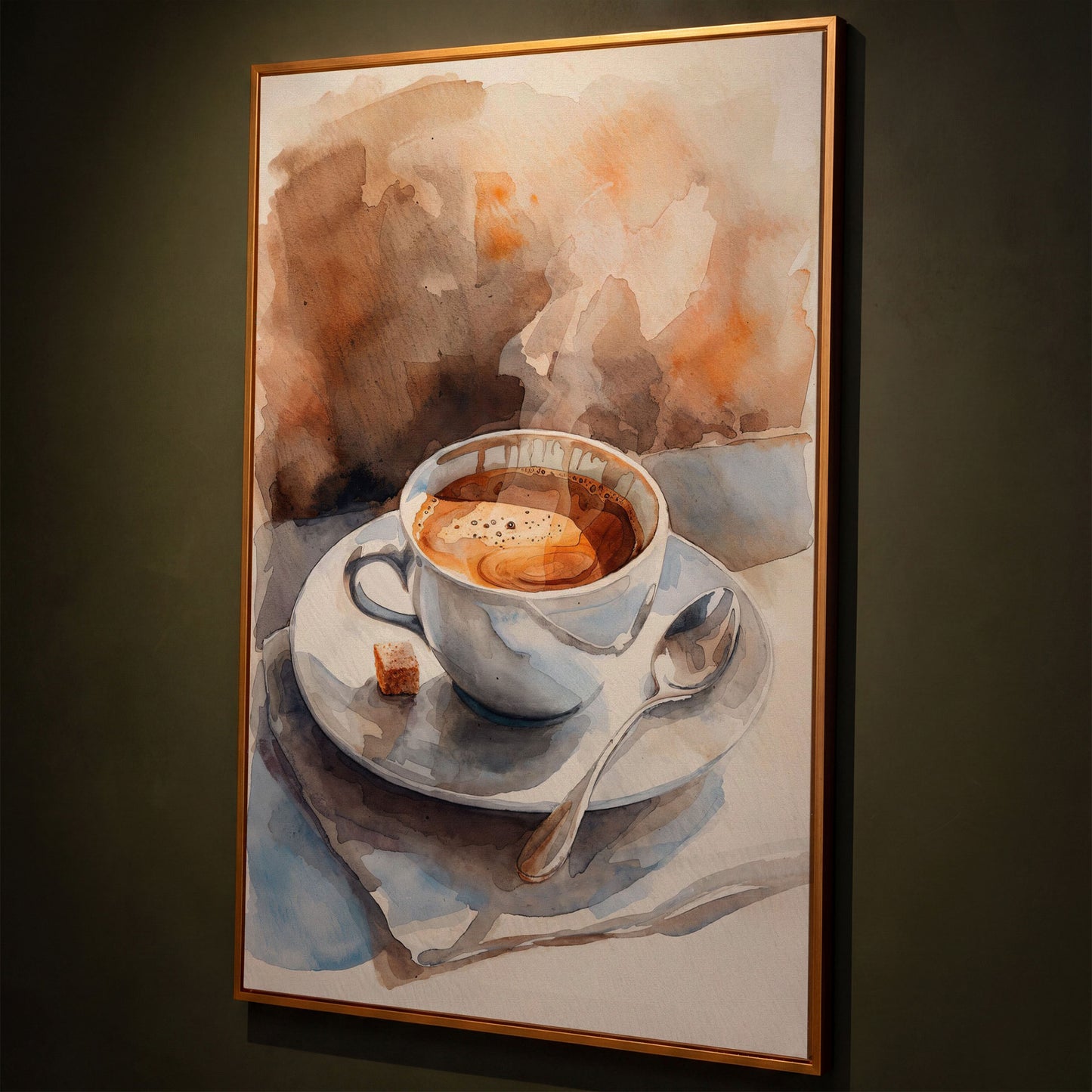 Morning Espresso Watercolor Canvas Print shown in antique gold floating frame