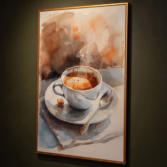 Morning Espresso Watercolor Canvas Print shown in antique gold floating frame