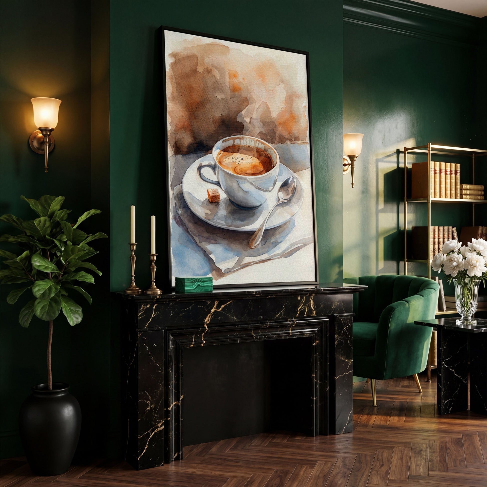 Morning Espresso Watercolor Canvas Print in black floating frame