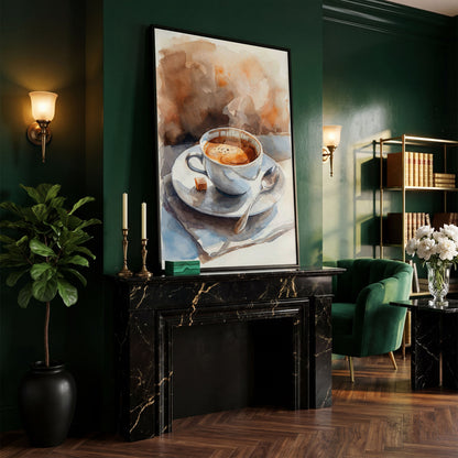 Morning Espresso Watercolor Canvas Print in black floating frame