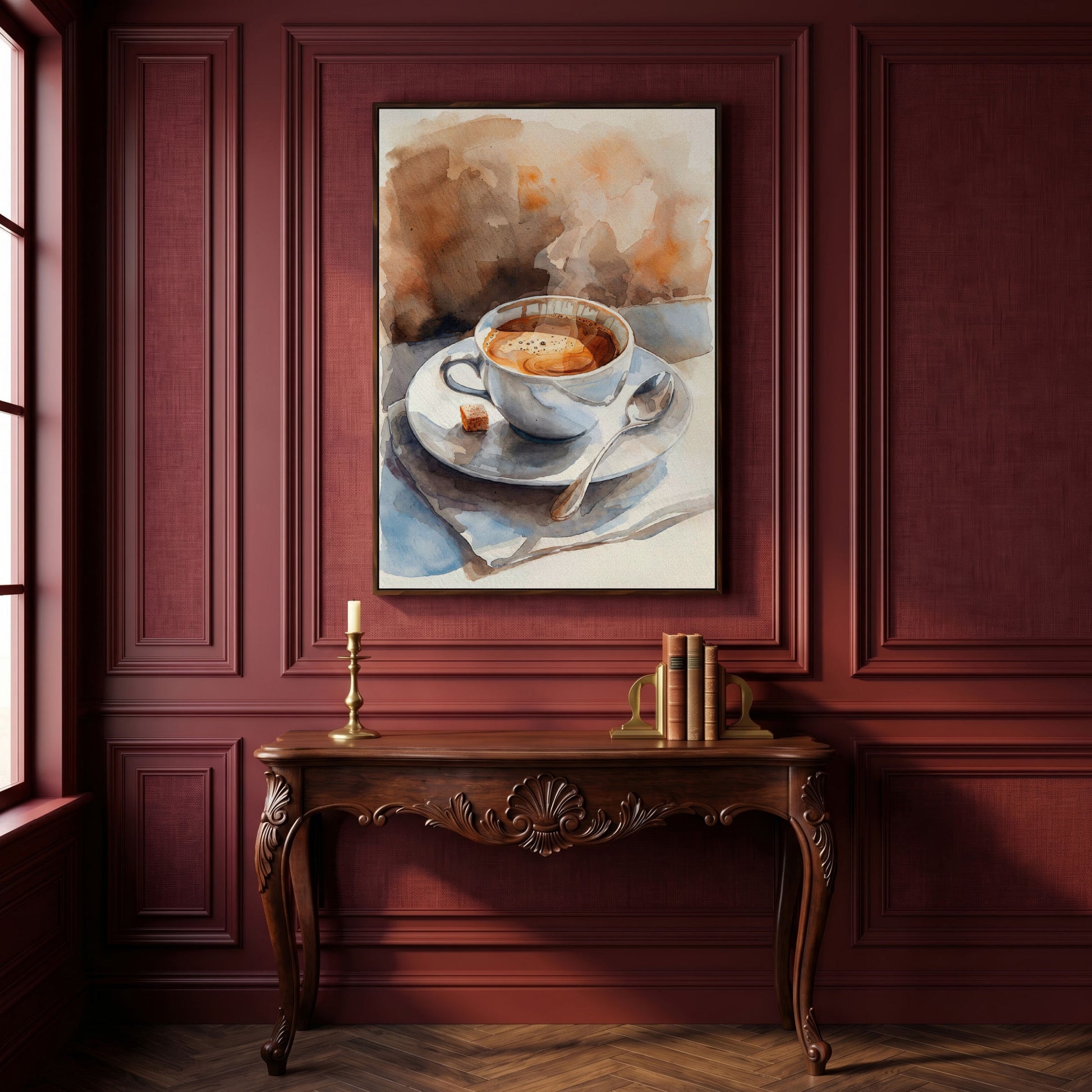 Morning Espresso Watercolor Canvas Print in dark walnut floating frame