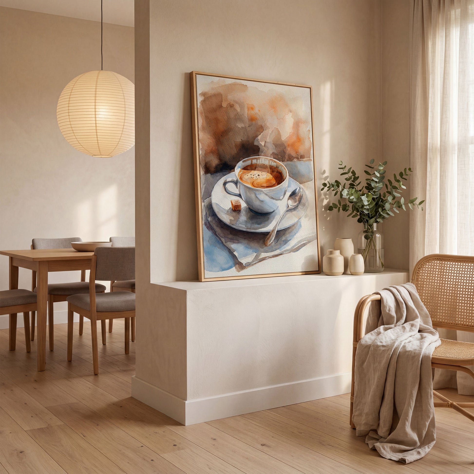 Morning Espresso Watercolor Canvas Print in white oak floating frame