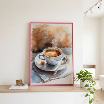 Morning Espresso Watercolor Canvas Print in pink floating frame