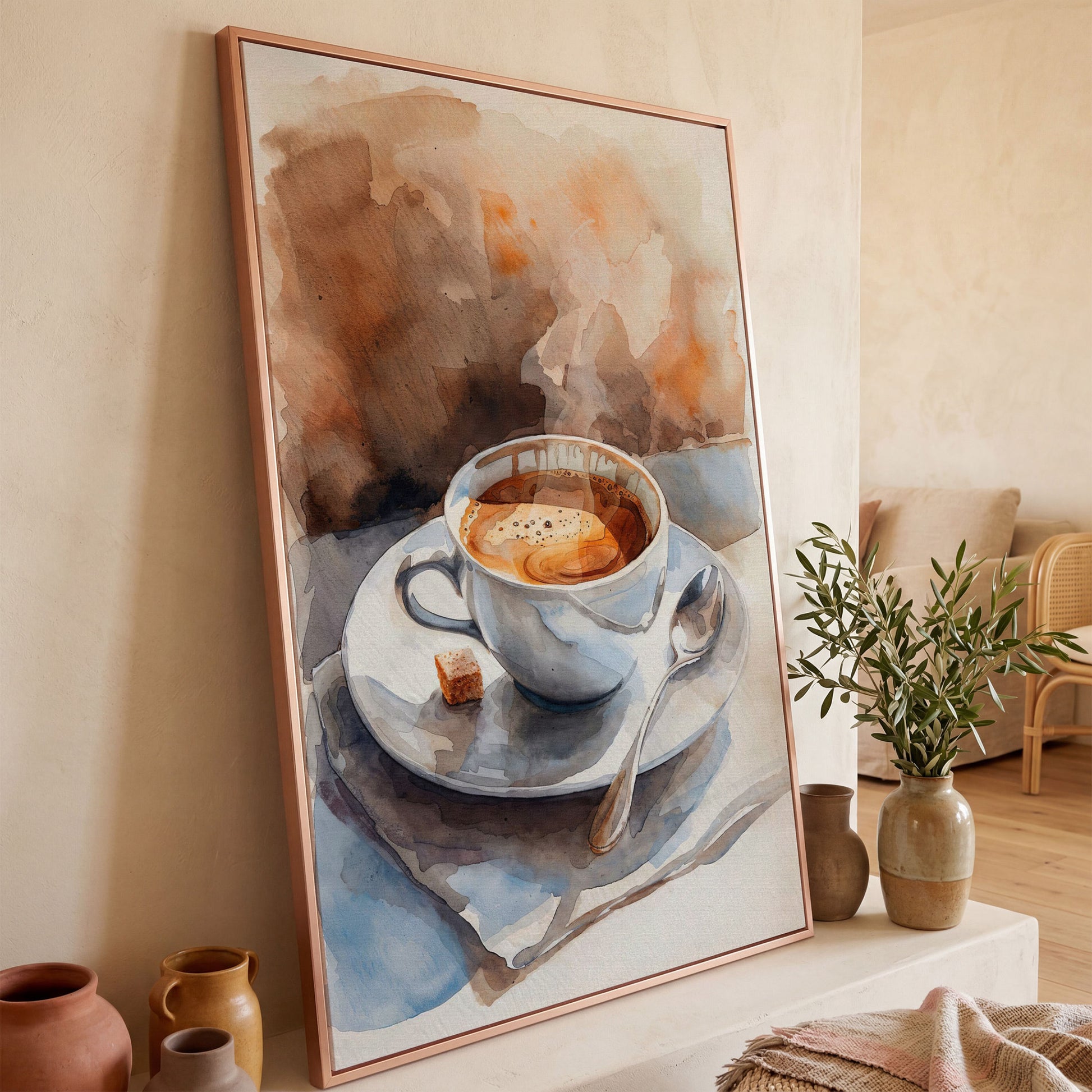 Morning Espresso Watercolor Canvas Print in rose gold floating frame