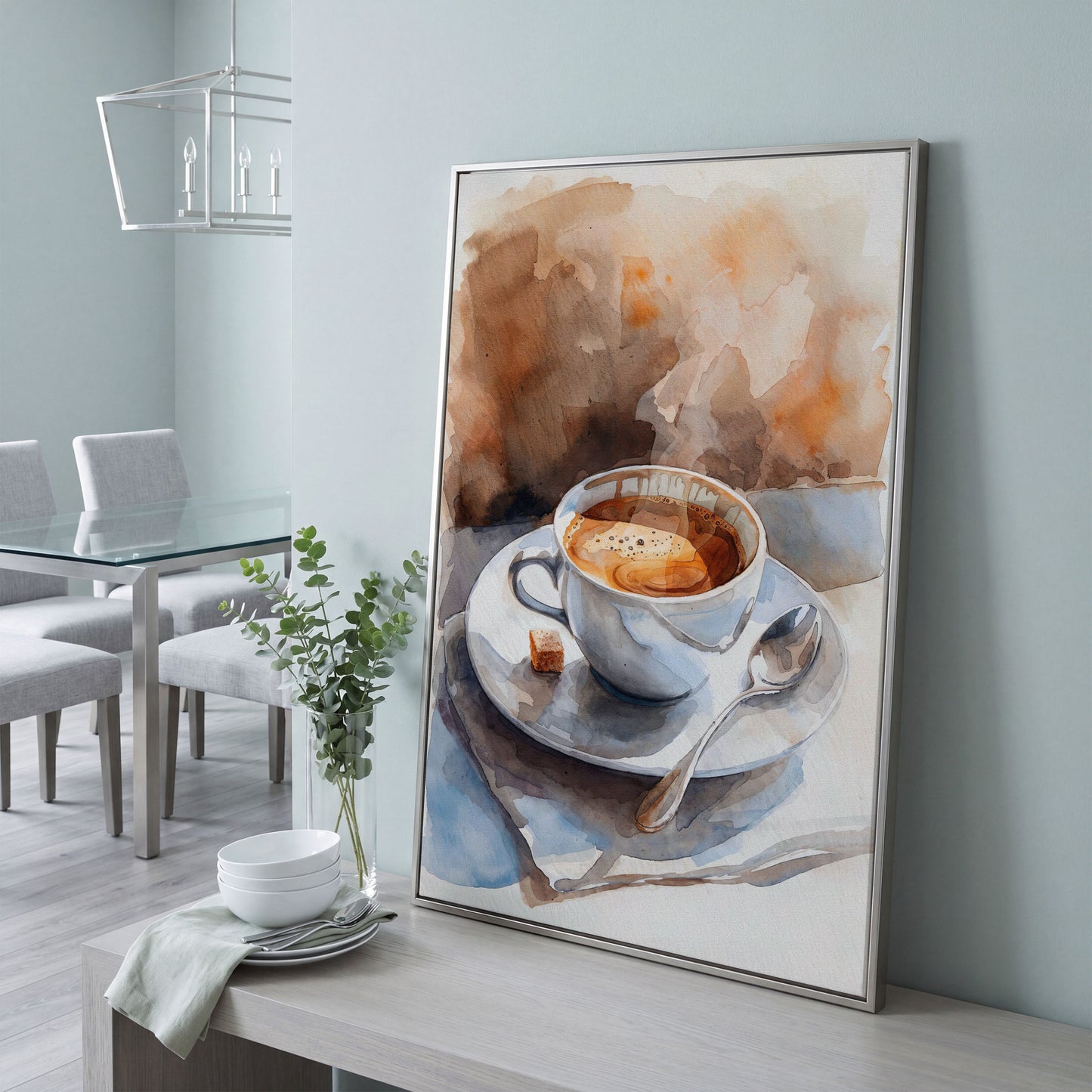 Morning Espresso Watercolor Canvas Print in silver floating frame