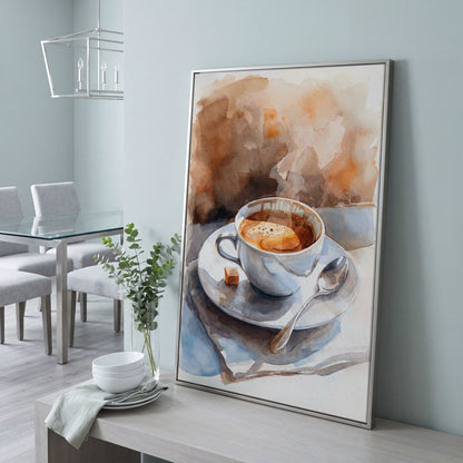 Morning Espresso Watercolor Canvas Print in silver floating frame