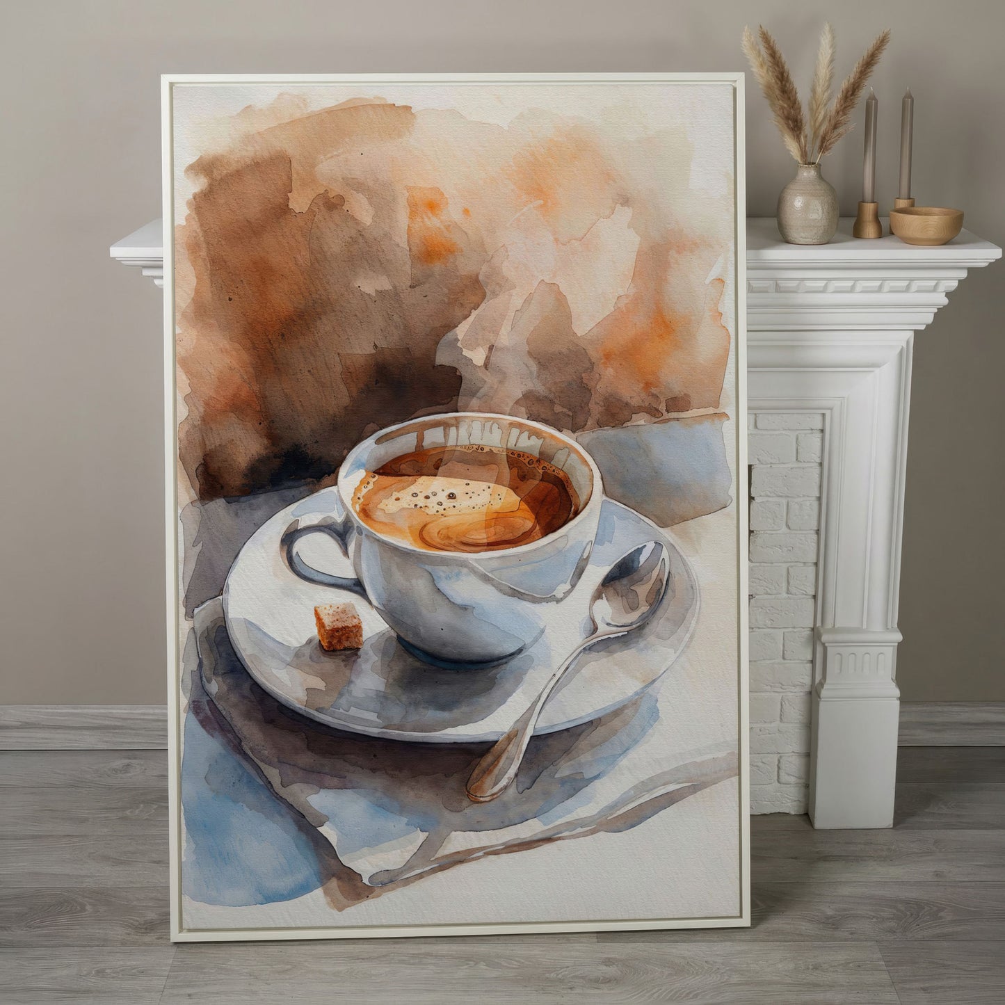 Morning Espresso Watercolor Canvas Print in white floating frame